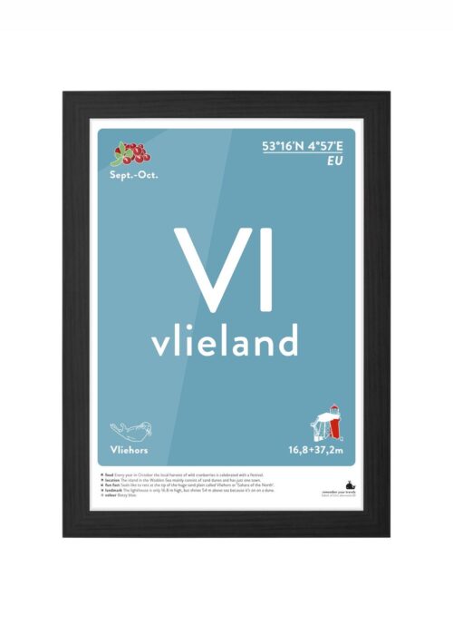 vlieland typografie poster ingelijst in zwarte lijst