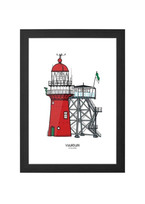 vuurduin lijntekening poster ingelijst in zwarte lijst