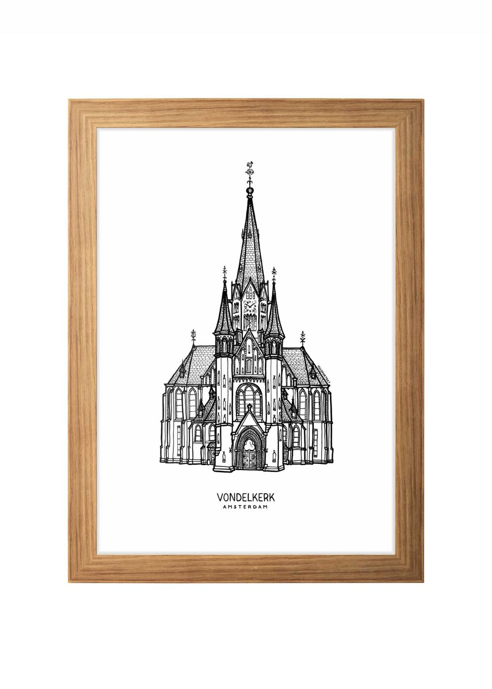 vondelkerk steun de wederopbouw lijntekening poster ingelijst in eiken lijst