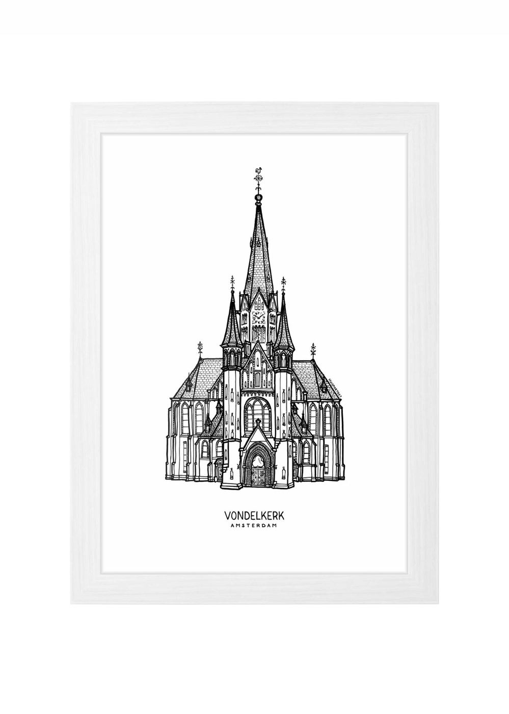 vondelkerk steun de wederopbouw lijntekening poster ingelijst in witte lijst