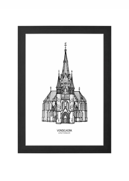 vondelkerk steun de wederopbouw lijntekening poster ingelijst in zwarte lijst