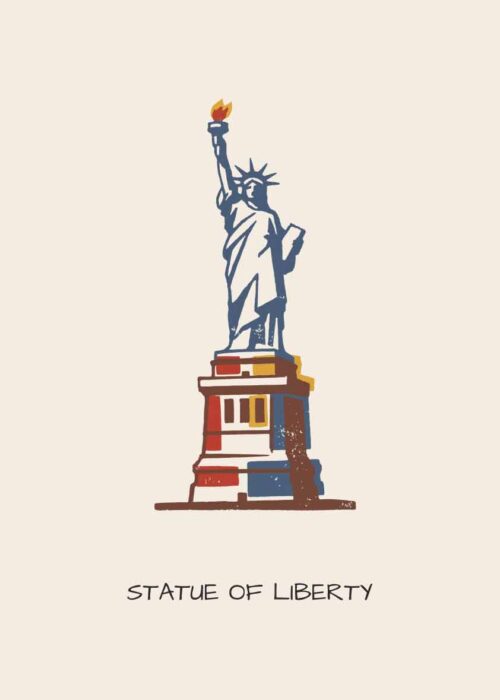 Vrijheidsbeeld in New York als handgetekende poster in linosnede-stijl