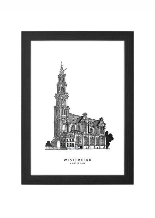 westerkerk lijntekening poster ingelijst in zwarte lijst