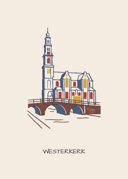 Westertoren in Amsterdam als handgetekende poster in linosnede-stijl