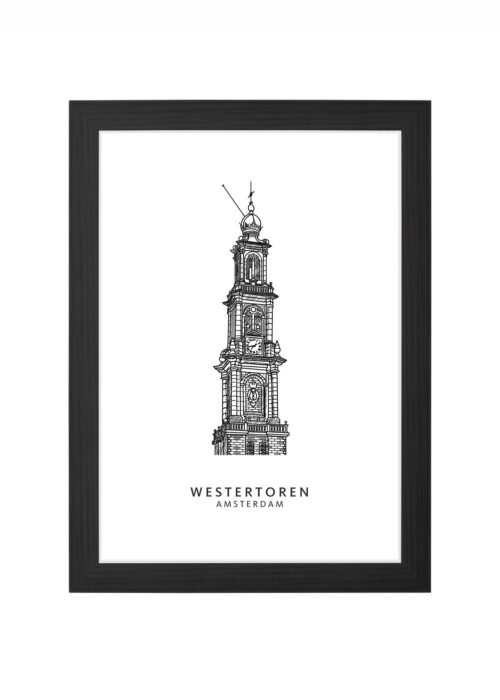 westertoren lijntekening poster ingelijst in zwarte lijst