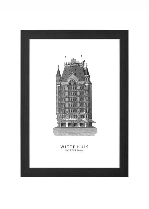 Het Witte Huis - Rotterdam - Lijntekening Poster ingelijst in zwarte lijst