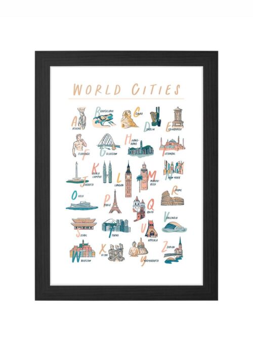 World Cities Alphabet Poster ingelijst in zwarte lijst