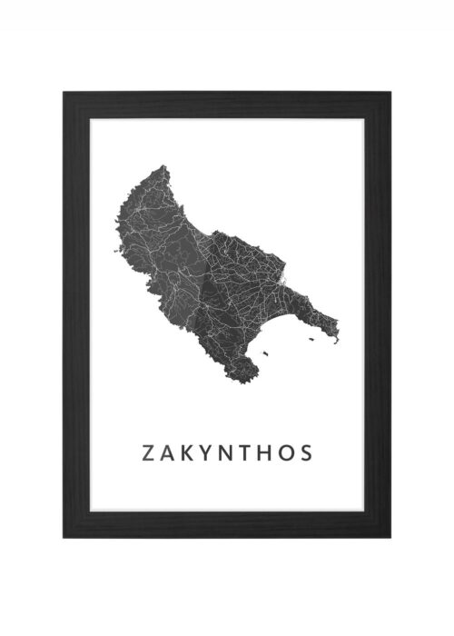 Zakynthos Eilandkaart White ingelijst in zwarte lijst