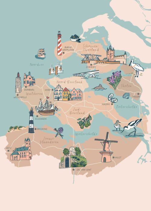 Geïllustreerde kaart provincie Zeeland | Kunst in Kaart
