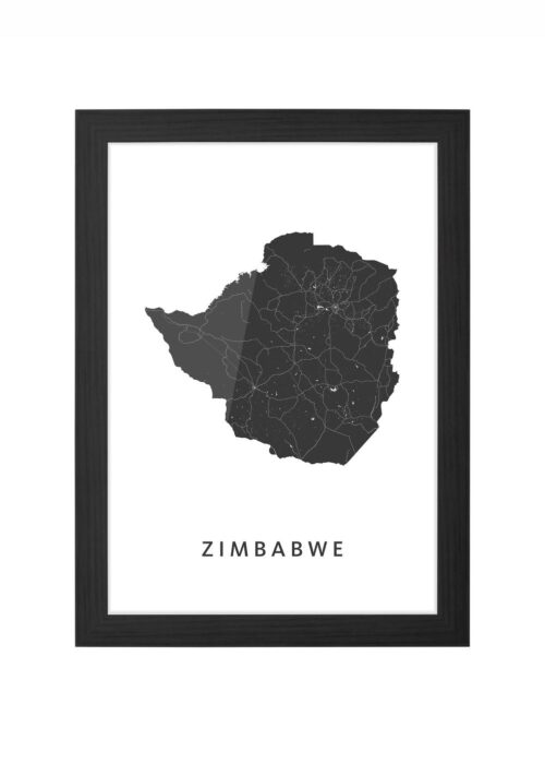 zimbabwe landkaart poster ingelijst in zwarte lijst