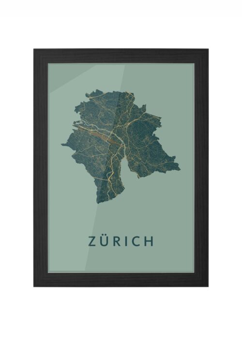 zürich stadskaart poster ingelijst in zwarte lijst