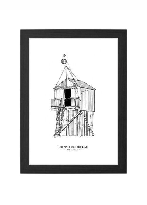drenkelingenhuisje lijntekening poster ingelijst in zwarte lijst