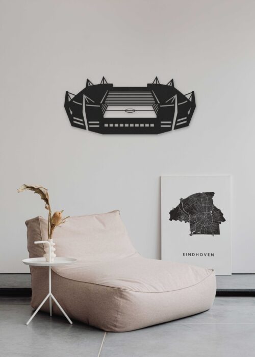 Houten stadion van Eindhoven in zwart MDF aan de wand in een interieur