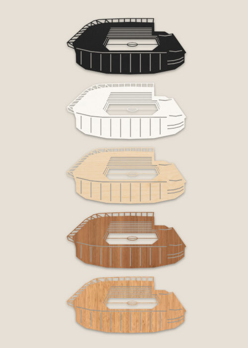Houten stadion van Enschede in zwart MDF, wit MDF, berken, noten en bamboe