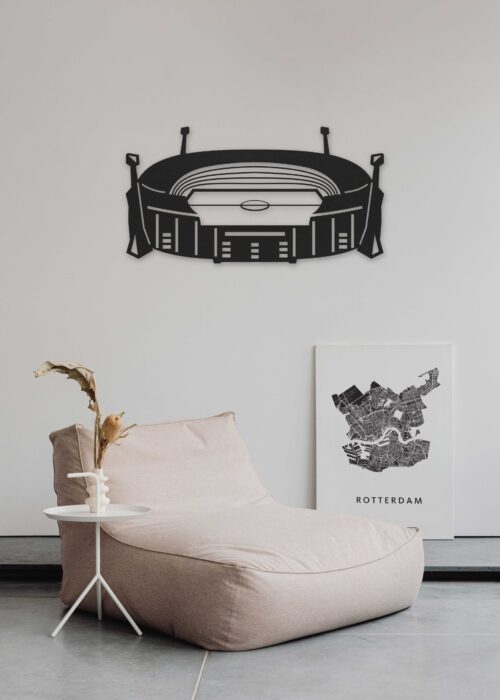 Houten stadion van Rotterdam in zwart MDF aan de wand in een interieur