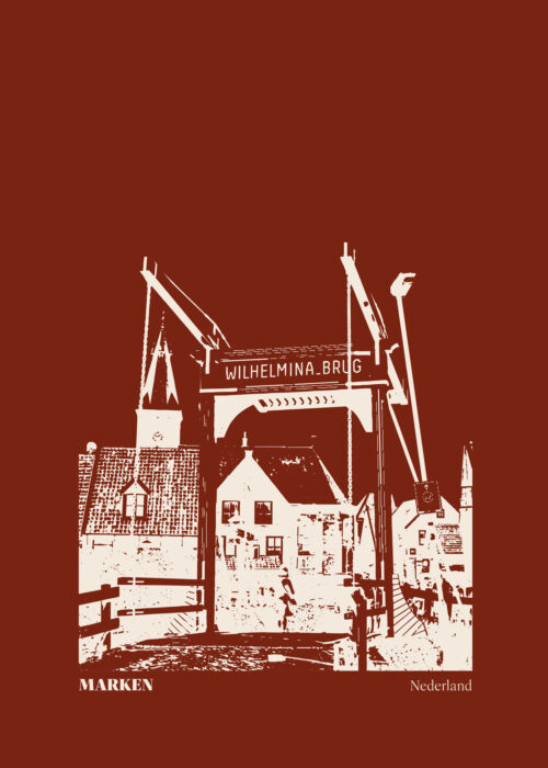 Stillorange illustratie van Marken met de Wilhelminabrug en houten huizen aan het water