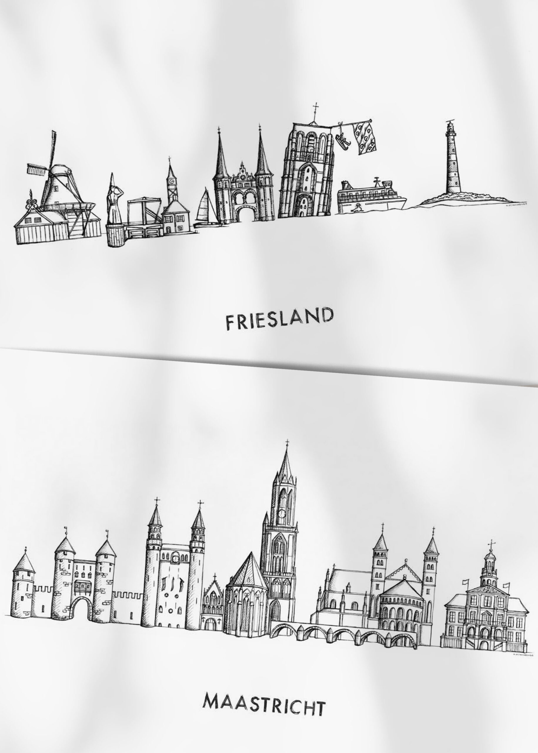 Handgetekende skylines Friesland Maastricht