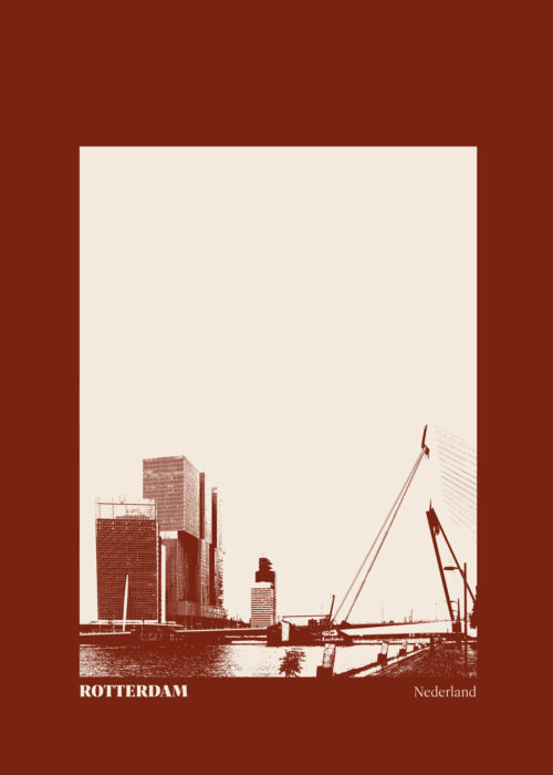 Stillorange illustratie van de skyline van Rotterdam met de Erasmusbrug